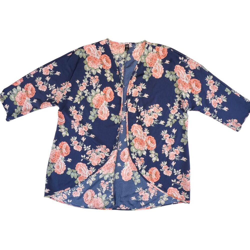 Emery Rose Cardigan 2XL Peach Rose Floral Print Open Front Boho Kimono Duster